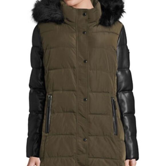 Calvin Klein Hooded Down Coat with Faux Fur Trim-green-medium - Picture 1 of 4